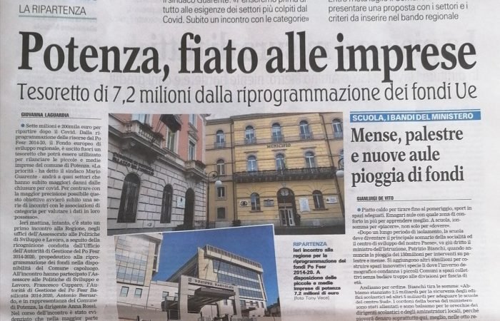 7,2 mln di Euro in arrivo a Potenza per rilancio PMI del capoluogo